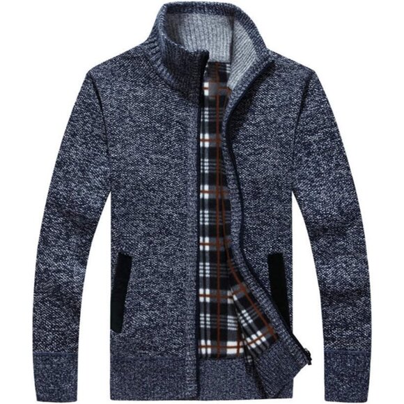 Men Blue-Grey Casual Slim Full Zip Knited Polyester Cardigan Sweater with Pocked - Picture 1 of 5